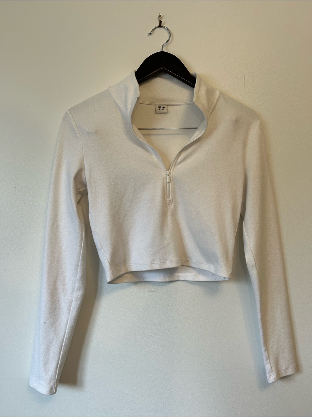 Sunday Best White Cropped Quarter-Zip Long Sleeve Top